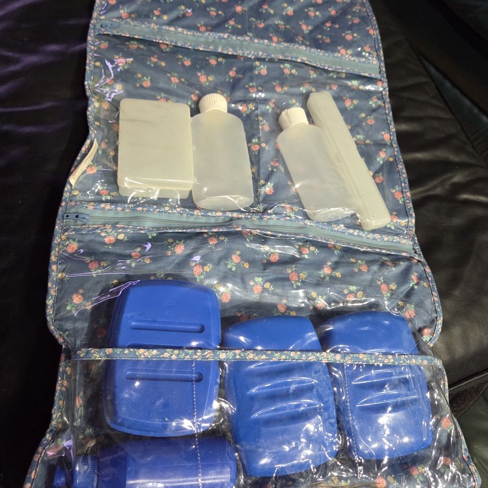 #75 - Floral Travel Toiletry Bag with Blue Containers